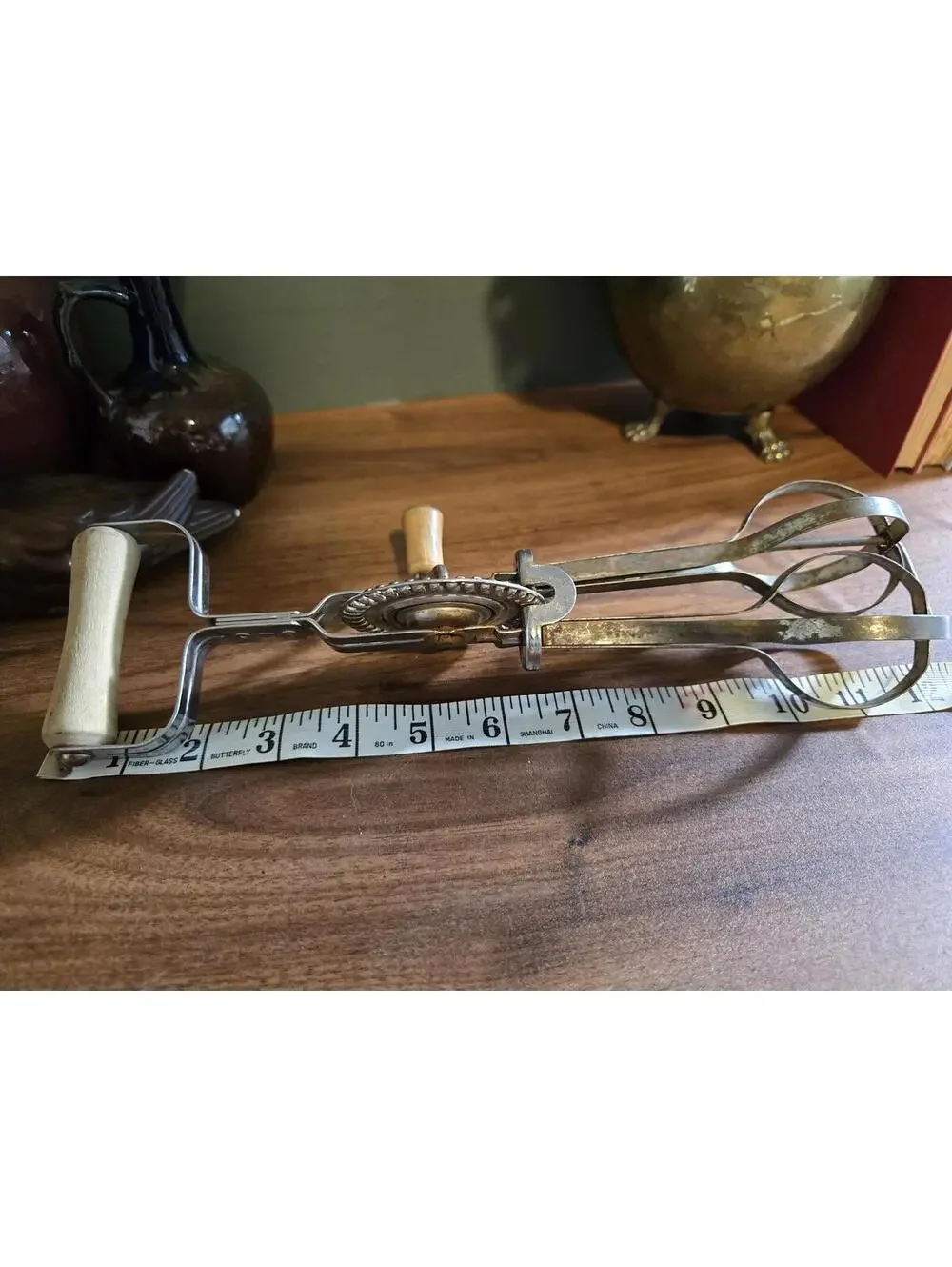 Vintage Rotary Hand Mixer / Egg Beater with Wooden Handles & Display Stand